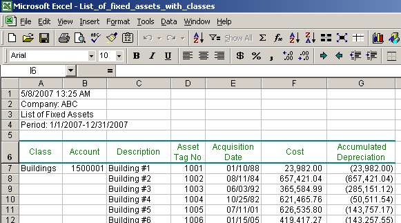 Exported list of fixed assets with only some cells populated