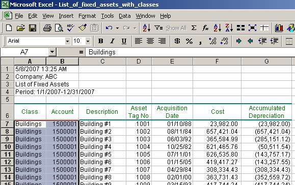 Exported list of fixed assets with all cells populated
