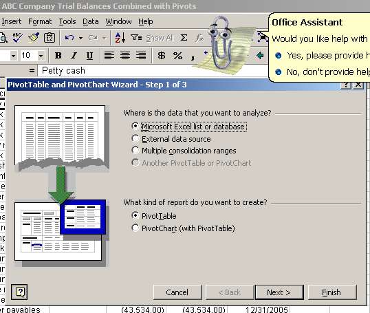 Pivot table wizard - screen one
